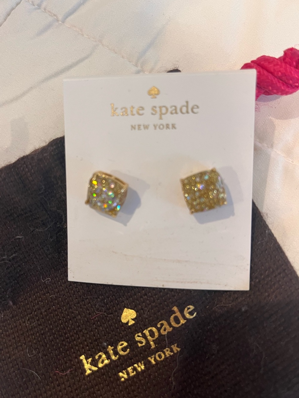 Kate Spade gold-tone glitter square stud earrings with pouch sparkle large